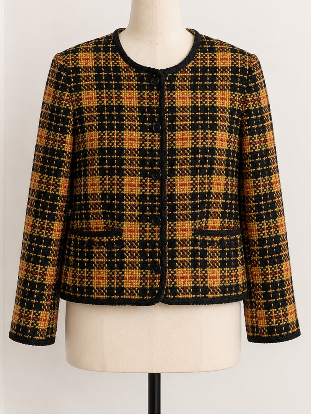 Harrison Kent Wool Blend Women's Black & Yellow Plaid Tweed Jacket Size 10